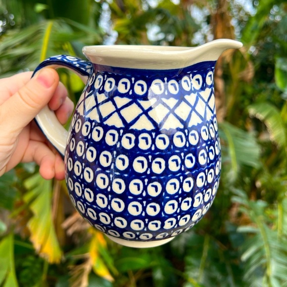 Handmade Polish Pottery Small Serving Pitcher - Bolesławiec, Blue Pattern, 5” - Picture 1 of 10